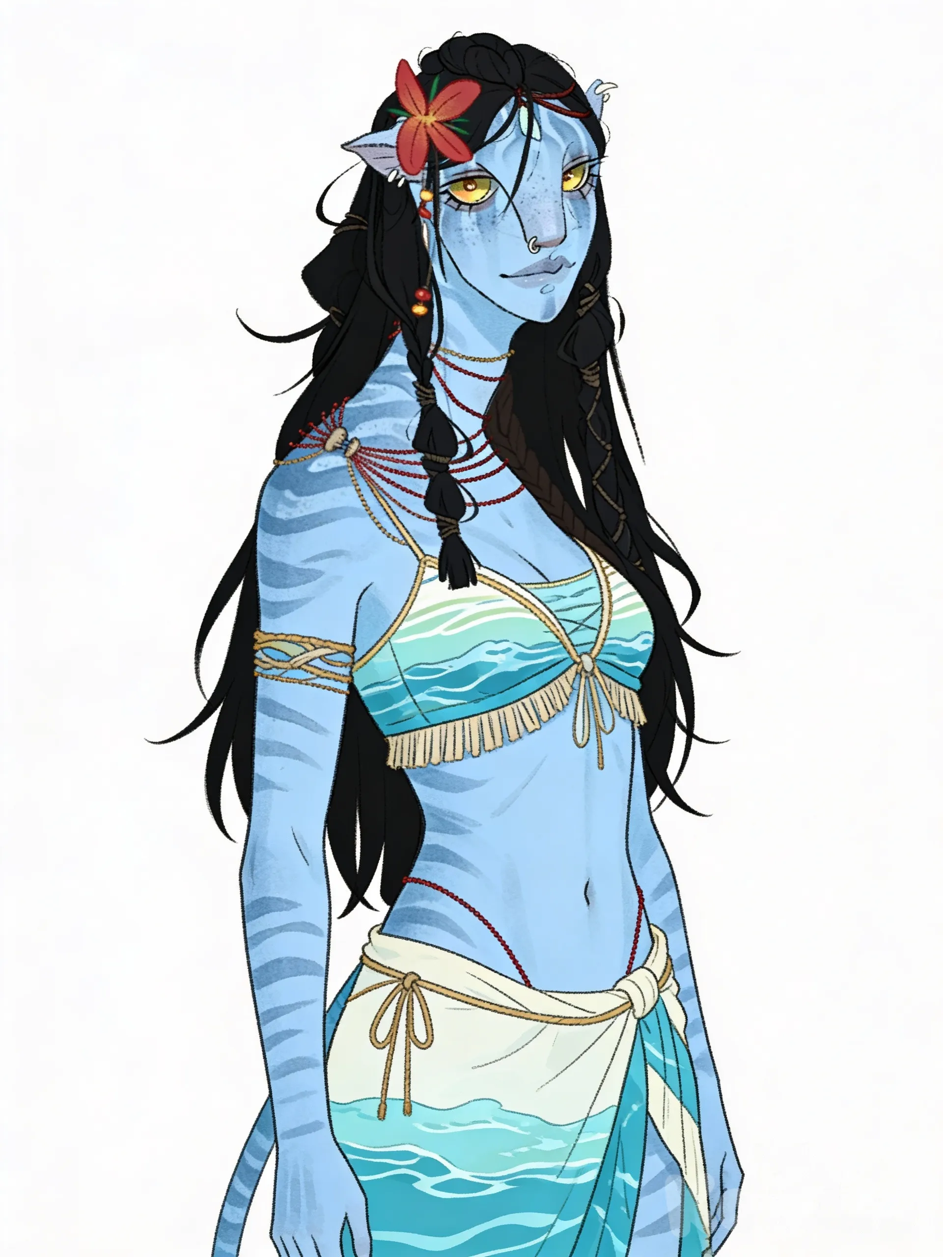 Use character from reference image, very keep art style design, very cool outfit, beachy vibes, water tribe vibes, full body, looking at viewer, front profile view, portrait, white background, 1000024349