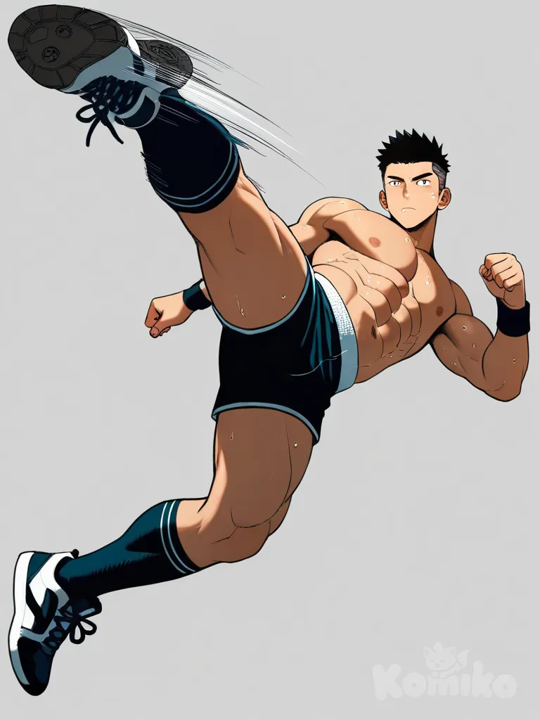 1boy, muscular, flying kick