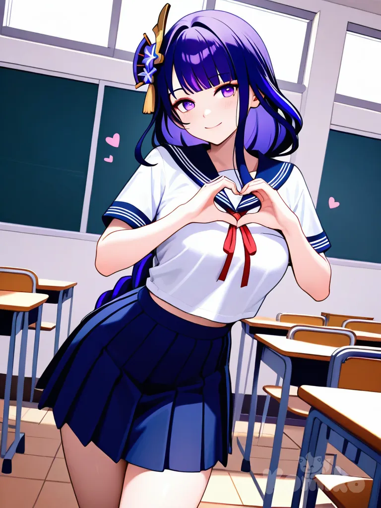 @Raiden_Shogun, heart hands, school uniform, full body, classroom