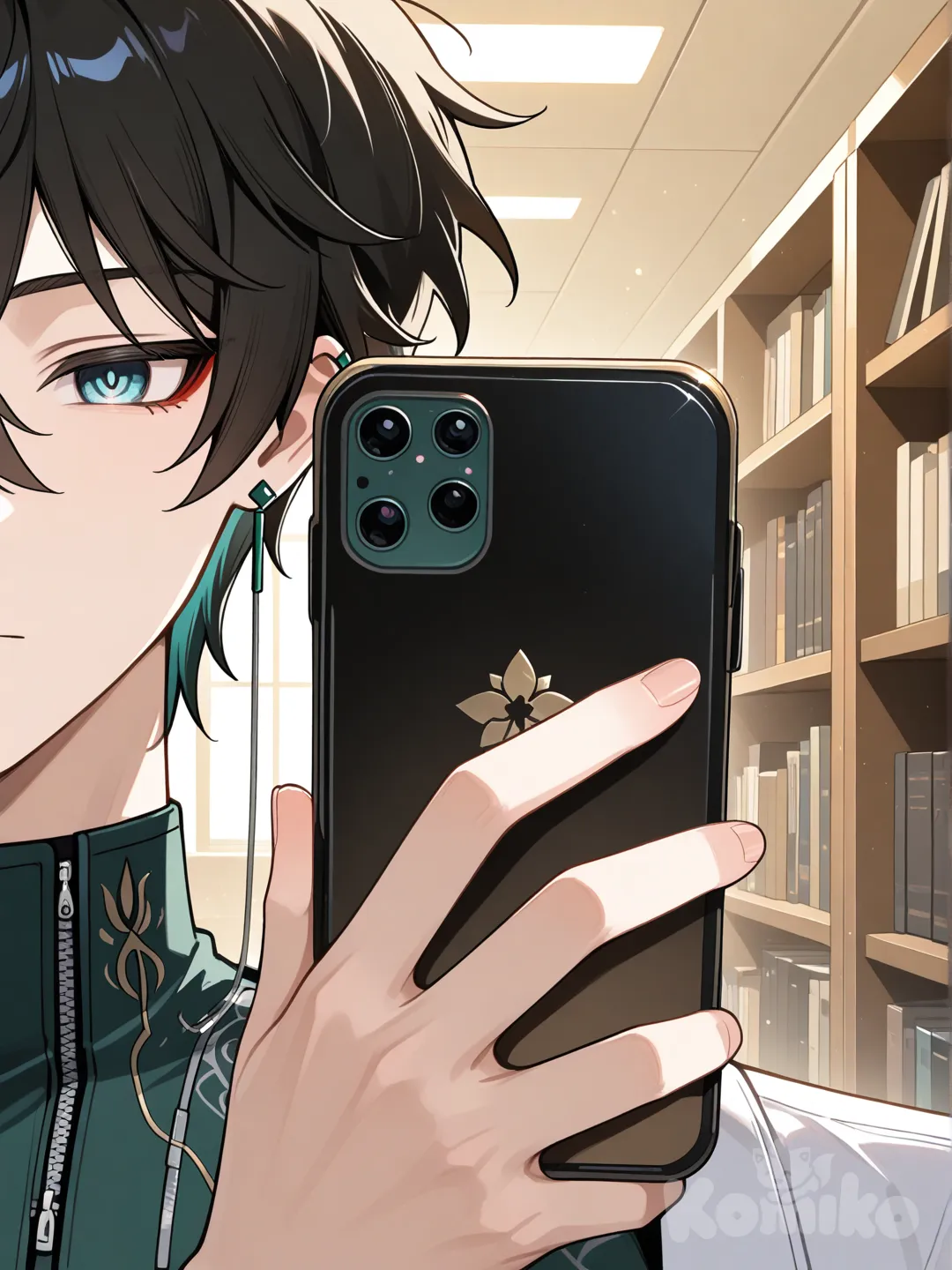 @Dan_Heng_(Honkai:Star_Rail), looking at phone, headshot, closeup, upper body, front profile photo, library