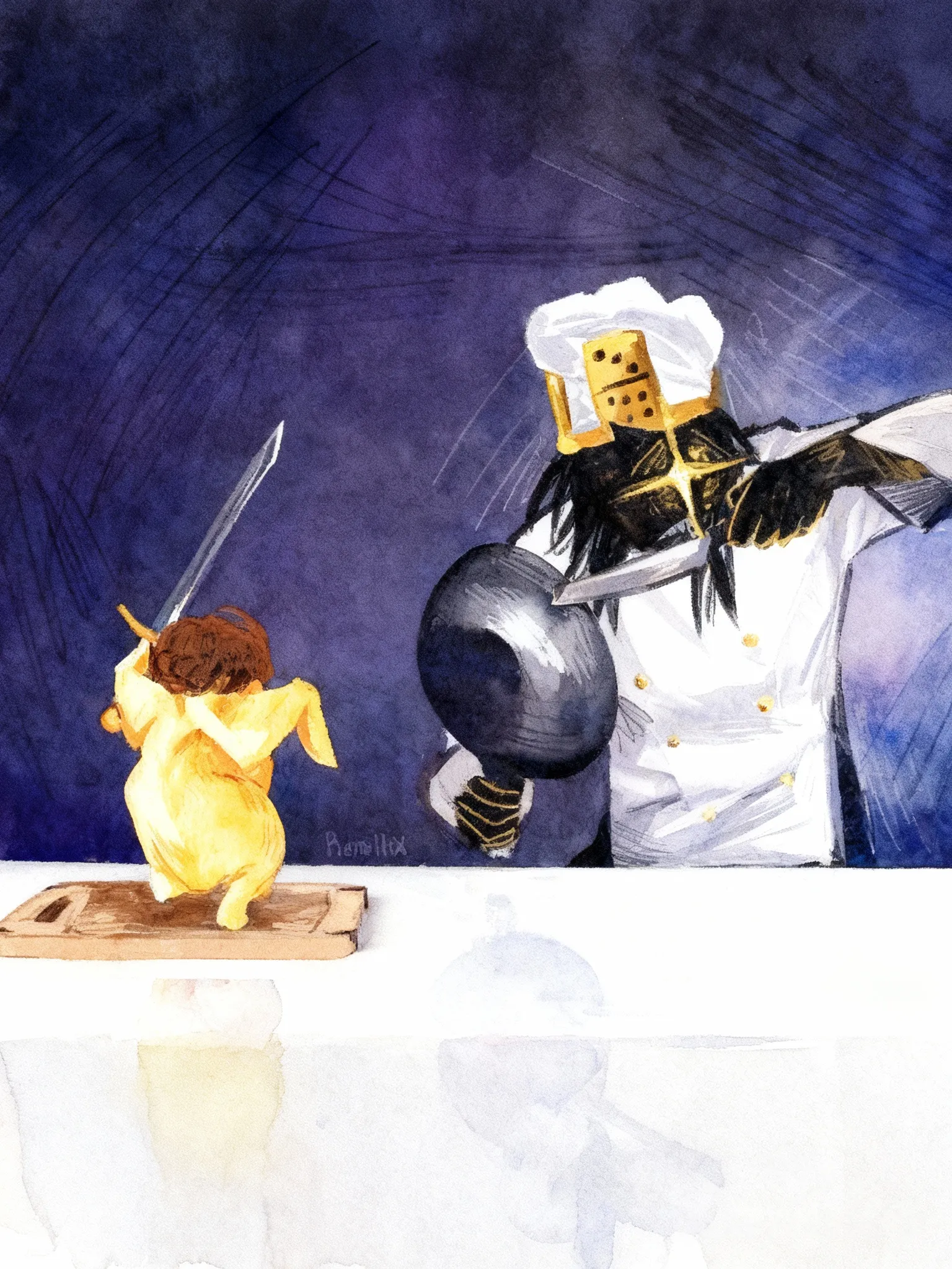 [watercolor-illustration-style] 1egg peleando epicamente contra chikenletsky