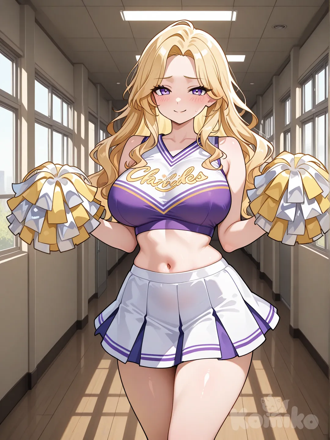 Blonde cheerleader with long wavy hair, standing confidently in a school hallway. She wears a tight purple crop top with yellow lettering, accentuating her chest, and holds yellow pom-pom in one hand until he masturbate herself. Her top exposes her tits and she has an athletic, curvy body. The setting is a well-lit hallway with doors and white walls in the background. Anime style, vibrant colors, and clean lines, focusing on expressive pose and bold outfit details