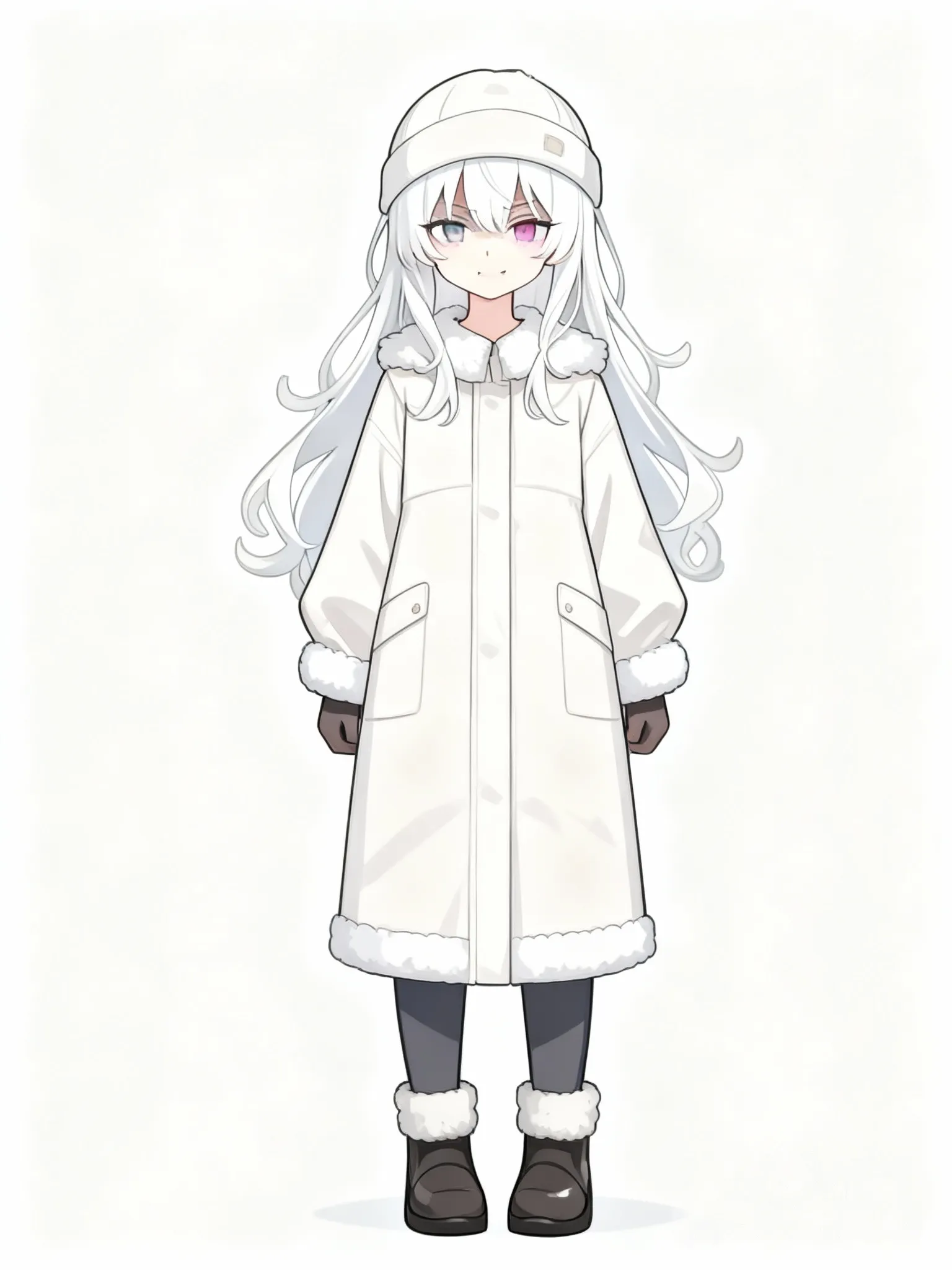 сгенерируй её в куртке, штанах и шапке, на белом фоне чтобы она была мультяшной и стояла прямо смотря в экран в полный рост, чтобы куртка была до колен, была одета в сезон зимы