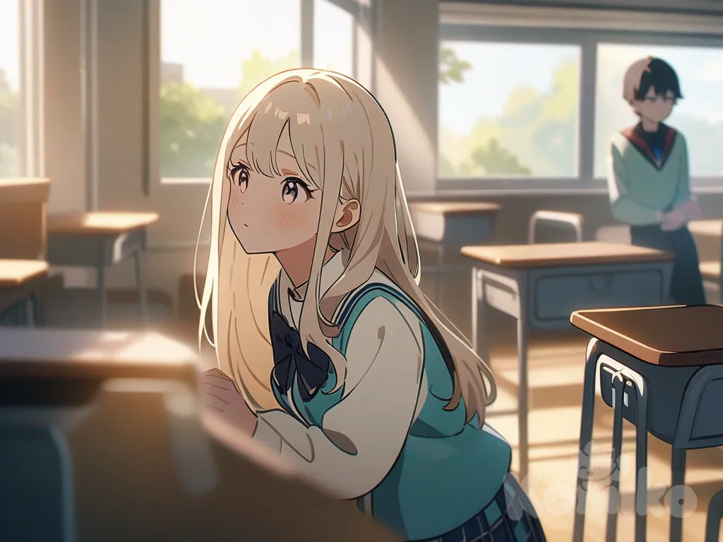 High school classroom, bright daylight, teenage boy with average grades wearing casual school uniform, sitting at desk looking bored, suddenly sees a beautiful top student girl with long hair and neat uniform walking in, anime style, soft bright colors, romantic and lighthearted atmosphere.