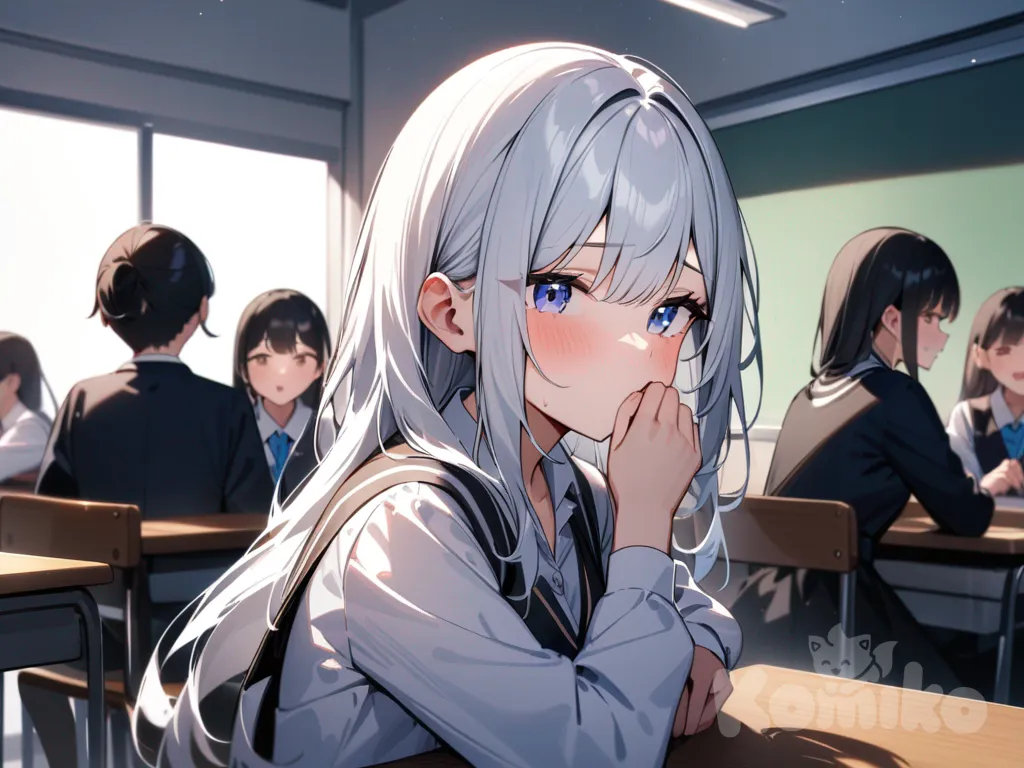 Beautiful top student girl enters classroom, classmates whispering, bright focus on her, beautyful girl