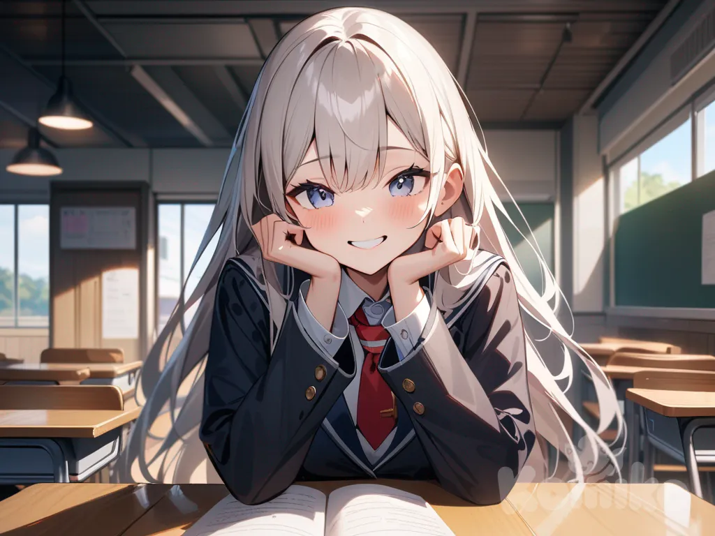 beautiful top student girl, friendly smile, long hair, neat school uniform
high school classroom, bright daylight, desks and chairs