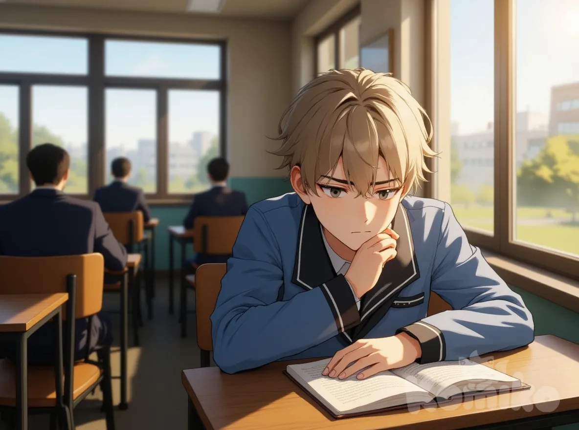 A handsome high school boy in a classroom, wearing a simple uniform, sitting near the window with his head resting on his arms over an open book, looking thoughtful and tired. Wide shot showing more of the classroom, sunlight shining through the windows. The boy is the clear main focus in the foreground. Other students are only blurred silhouettes in the distant background, not .