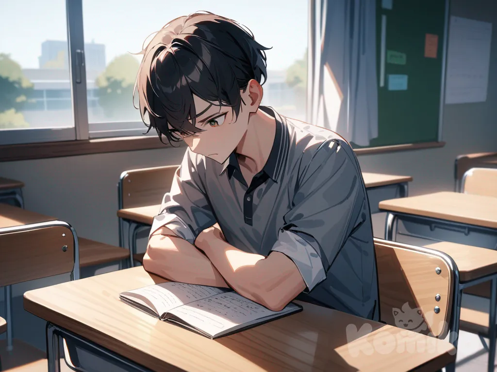 High school classroom, bright daylight, teenage boy with average grades wearing casual school uniform, sitting at desk looking bored