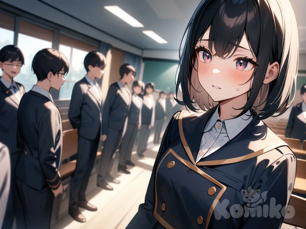 A high school girl in a neat uniform, standing confidently at the front of the class, speaking to students, bright and outstanding.