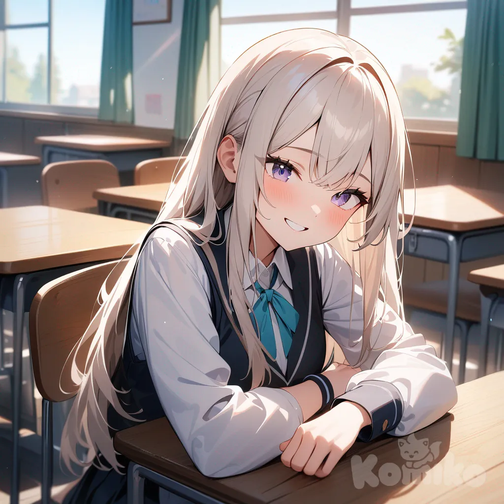 beautiful top student girl, friendly smile, long hair, neat school uniform
high school classroom, bright daylight, desks and chairs, tender
