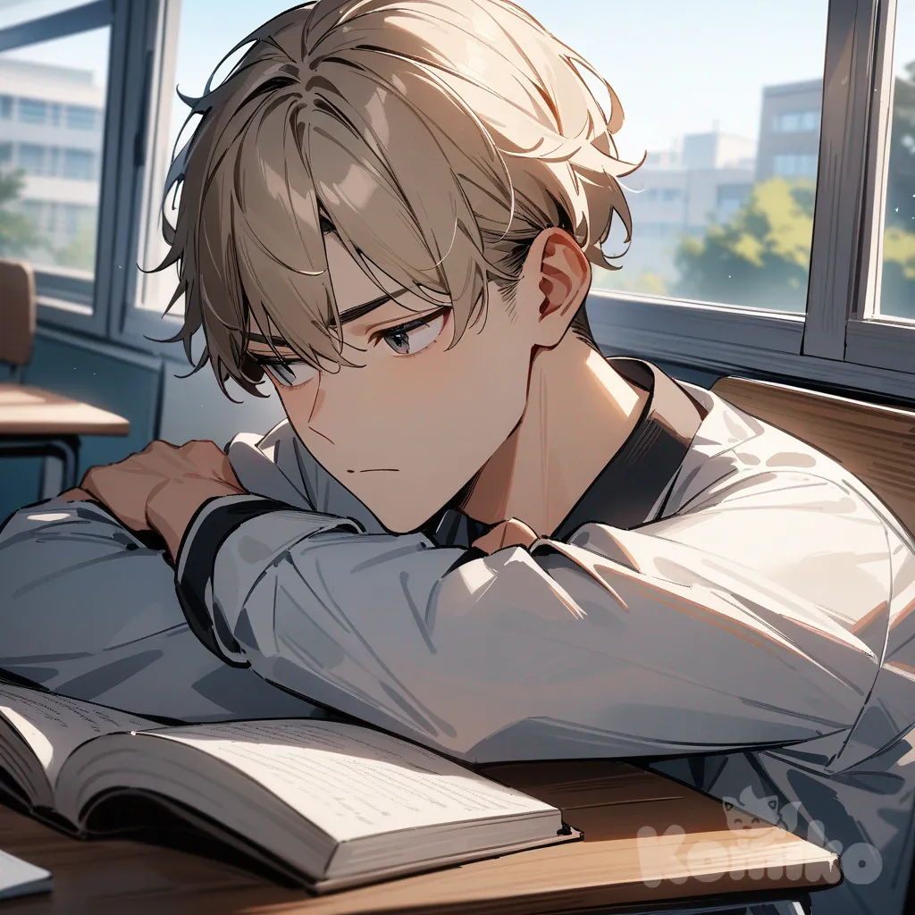 A high school boy in a classroom, wearing a simple uniform, looking bored and tired, resting his head on a book near the window, a handsome boy.