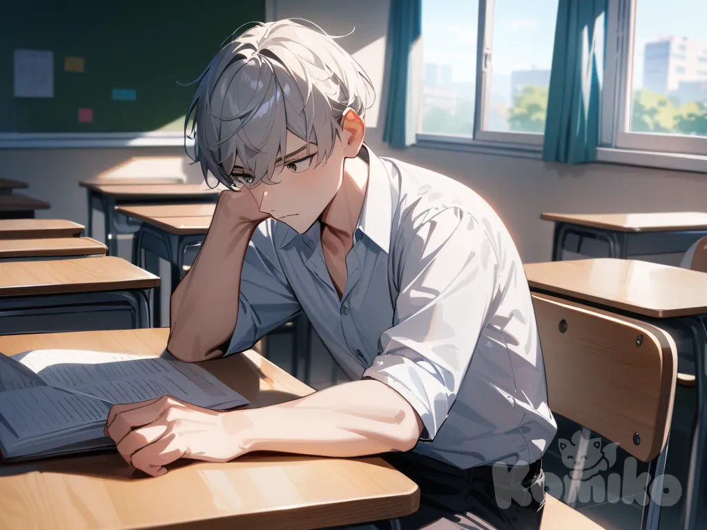 High school classroom, bright daylight, teenage boy with average grades wearing casual school uniform, sitting at desk looking bored, handsome boy