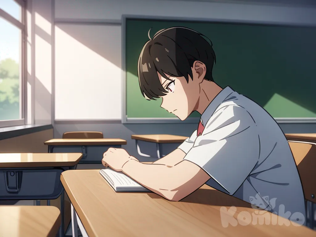 High school classroom, boy with average look sitting bored at desk, anime style, daylight.