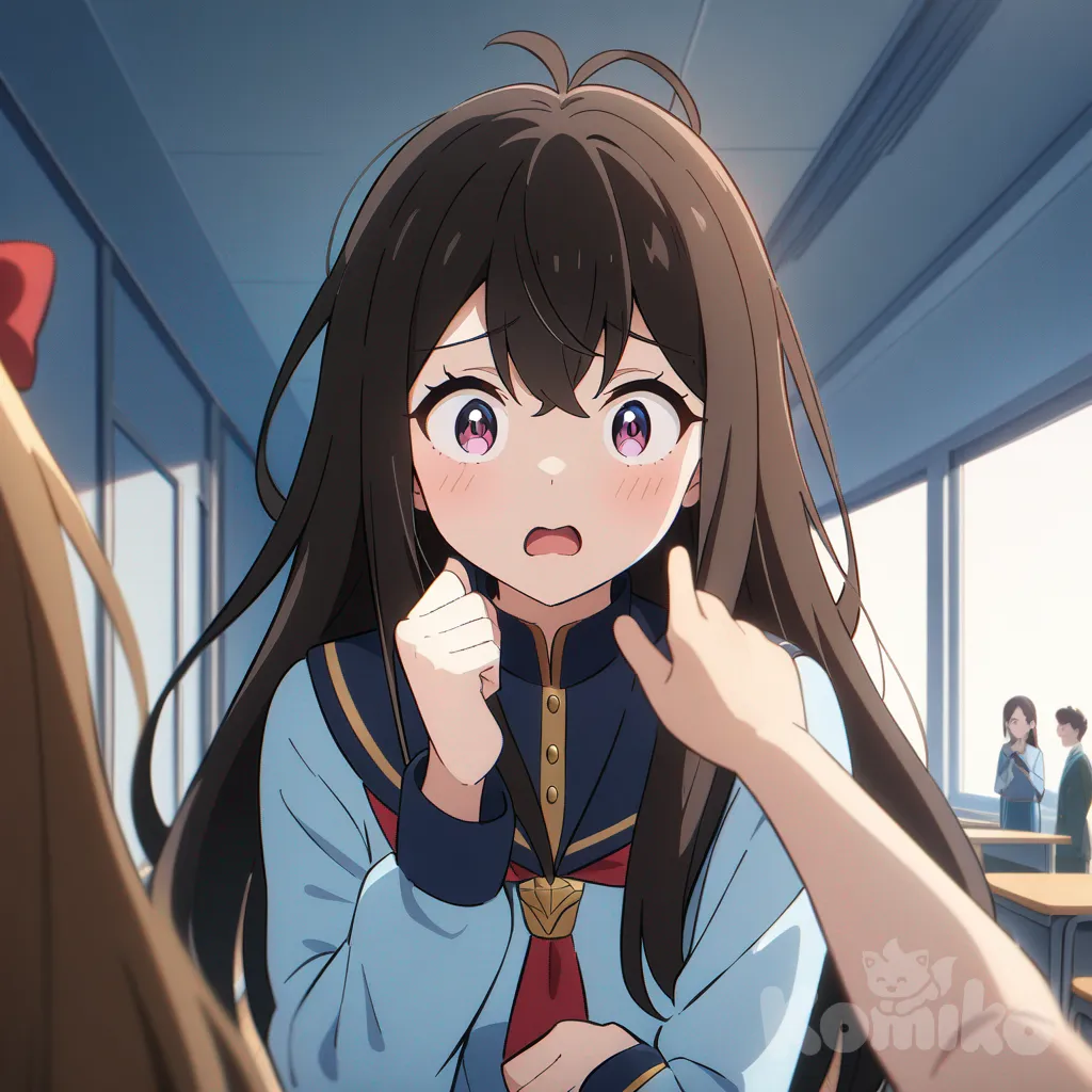 High school classroom, teenage boy with messy hair in school uniform looks surprised and motivated when he sees a beautiful smart girl with long hair and neat uniform entering the room, anime style, bright daylight.