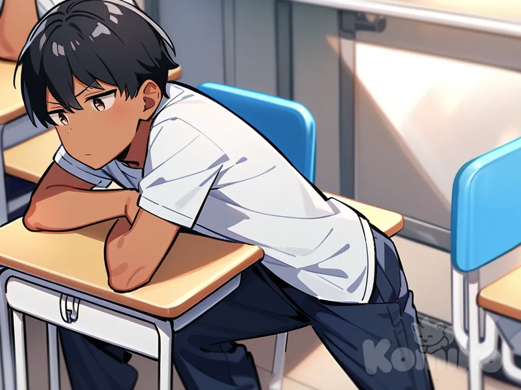 bright daytime classroom. Focus on a high school boy (16–17, short black hair, brown eyes, slight tan, slim build) wearing a neat school uniform (white short-sleeve shirt, navy trousers, white sneakers) and a blue backpack hung on the chair. He slouches at his desk looking bored and unfocused, pencil idly tapping a blank notebook. Desks, windows with soft sunlight, a blackboard with faint chalk writing in the background. soft shading, high key lighting, crisp details. No chibi.