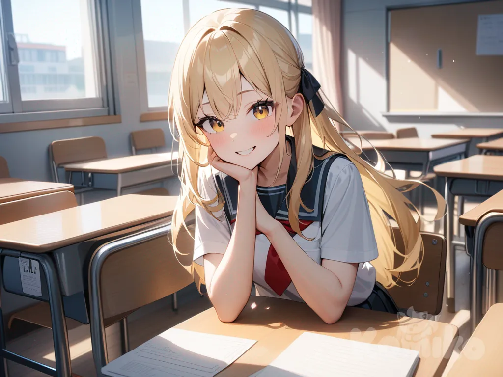 beautiful top student girl, friendly smile, long hair, neat school uniform, yellow hair, high school classroom, bright daylight, desks and chairs