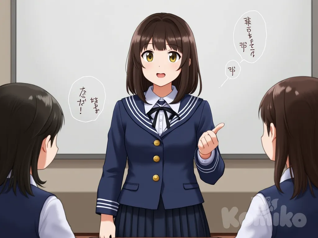A high school girl in a neat uniform, standing confidently at the front of the class, speaking to students, bright and outstanding.