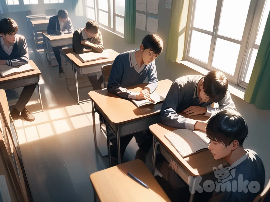 Wide shot of a high school classroom, with sunlight coming through the windows. A handsome high school boy in a simple uniform sits near the window, resting his head on his arms over a book, looking bored and tired. Other students in the background are sitting at their desks, some chatting, some studying. The atmosphere is realistic, bright, and lively.