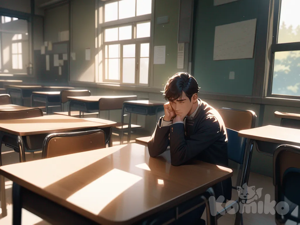 A handsome high school boy in a classroom, wearing a simple uniform, sitting near the window with his head resting on his arms over an open book, looking thoughtful and tired. Wide shot but keeping the boy as the main focus in the foreground. The classroom background is visible with desks, chairs, windows, and sunlight, but no other students. Cinematic, realistic, anime style