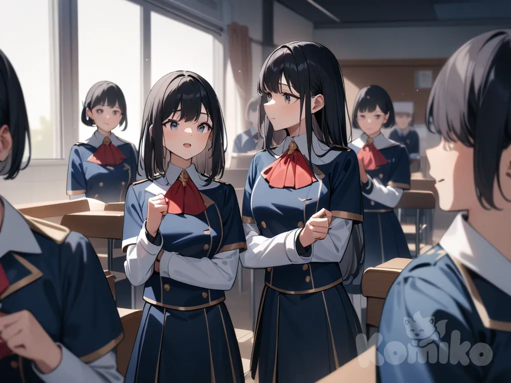 A high school girl in a neat uniform, standing confidently at the front of the class, speaking to students, bright and outstanding.