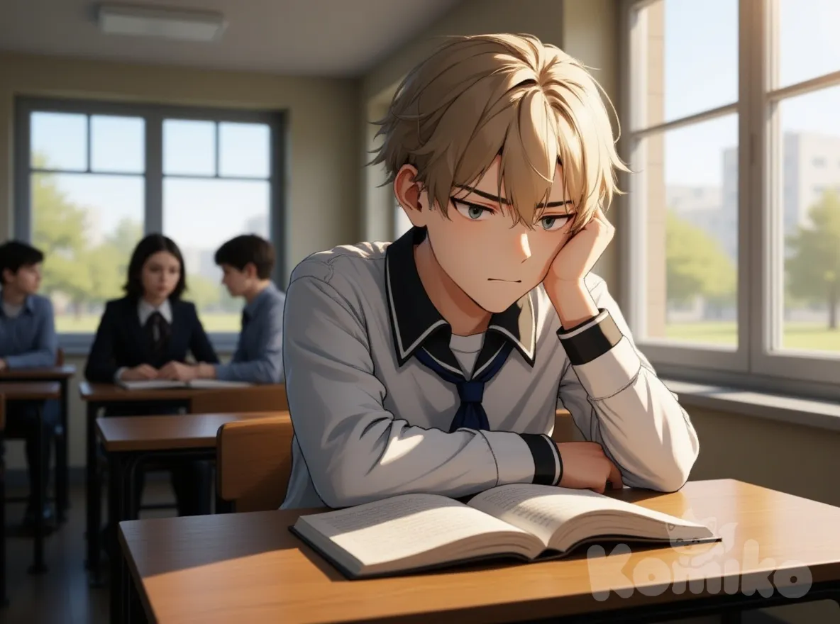 A handsome high school boy in a classroom, wearing a simple uniform, sitting near the window with his head resting on his arms over an open book, looking thoughtful and tired. Wide shot showing more of the classroom, sunlight shining through the windows. The boy is the clear main focus in the foreground. Other students are only blurred silhouettes in the distant background, not ., looking away, panoramic lens, ambient light