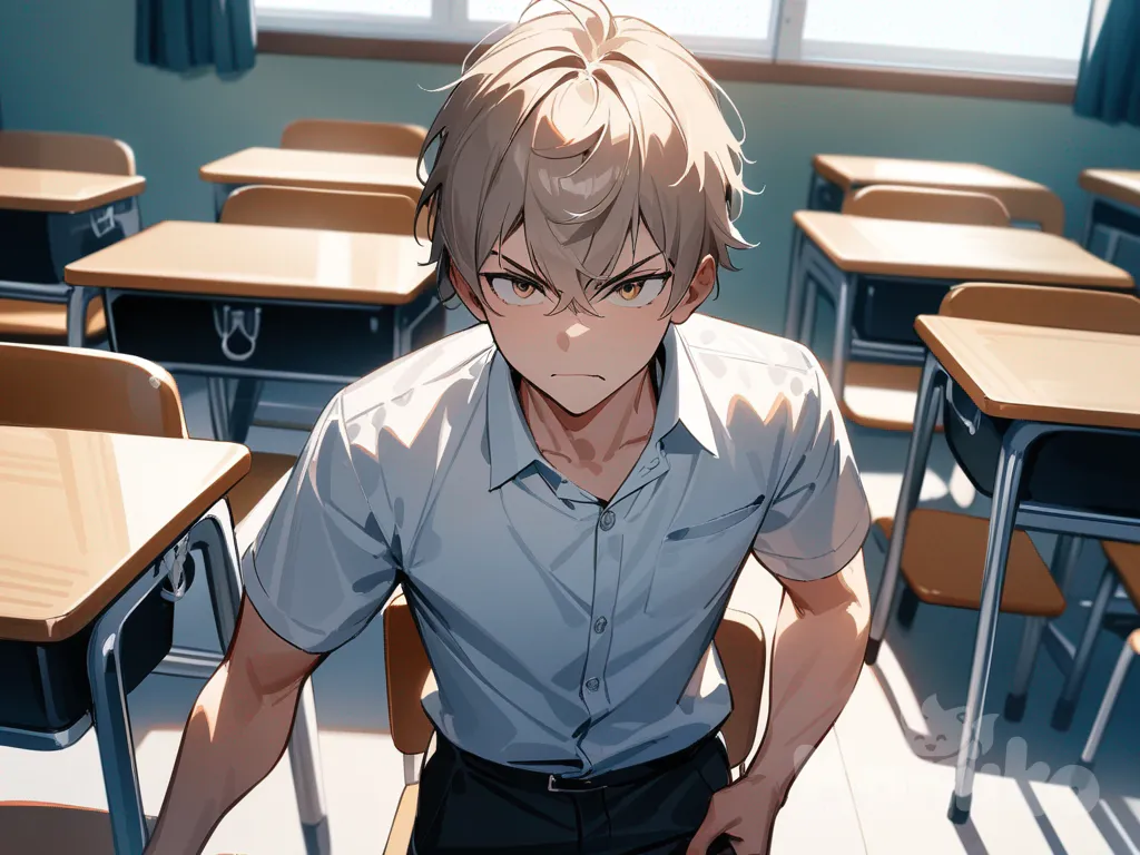 high school classroom, bright daylight, desks and chairs, teenage boy, average academic performance, casual school uniform, determined expression