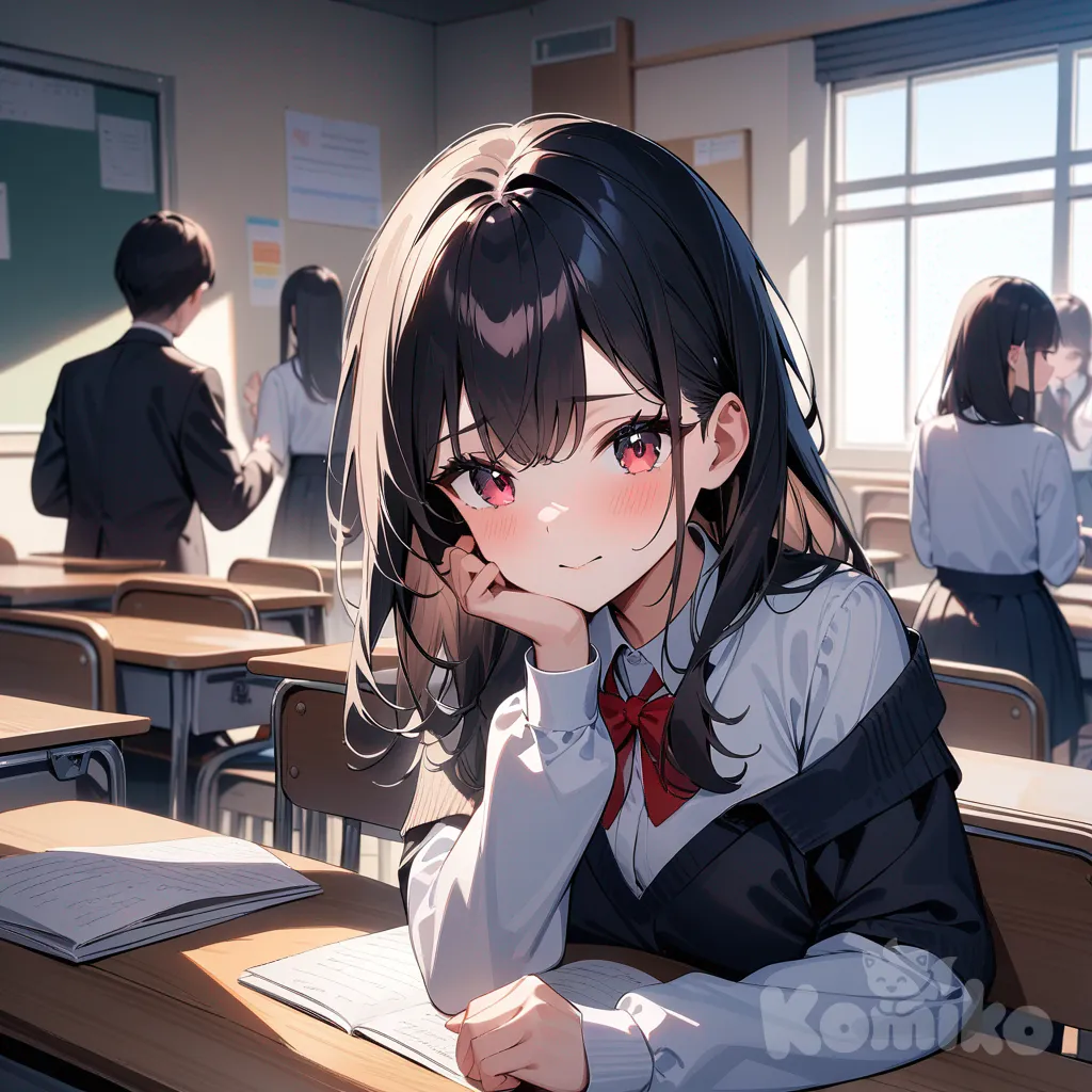 Beautiful top student girl enters classroom, classmates whispering, bright focus on her
high school classroom, bright daylight, desks and chairs, tender