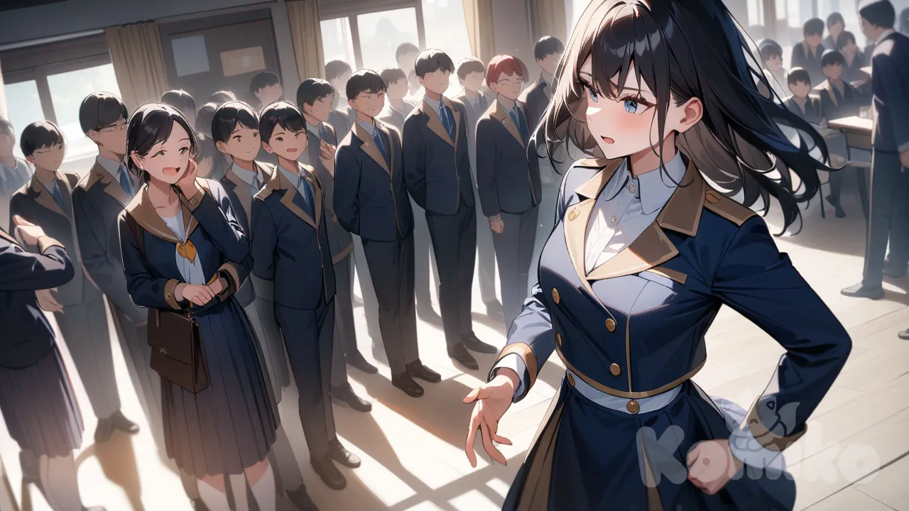 A high school girl in a neat uniform, standing confidently at the front of the class, speaking to students, bright and outstanding.