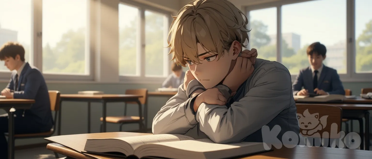 A handsome high school boy in a classroom, wearing a simple uniform, sitting near the window with his head resting on his arms over an open book, looking thoughtful and tired. Wide shot showing more of the classroom, sunlight shining through the windows. The boy is the clear main focus in the foreground. Other students are only blurred silhouettes in the distant background, not .
