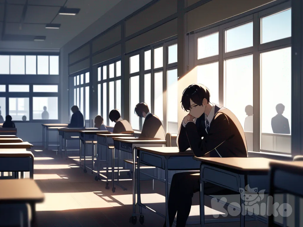A handsome high school boy in a classroom, wearing a simple uniform, sitting near the window with his head resting on his arms over an open book, looking thoughtful and tired. Wide shot showing more of the classroom, sunlight shining through the windows. The boy is the clear main focus in the foreground. Other students are only blurred silhouettes in the distant background, not .