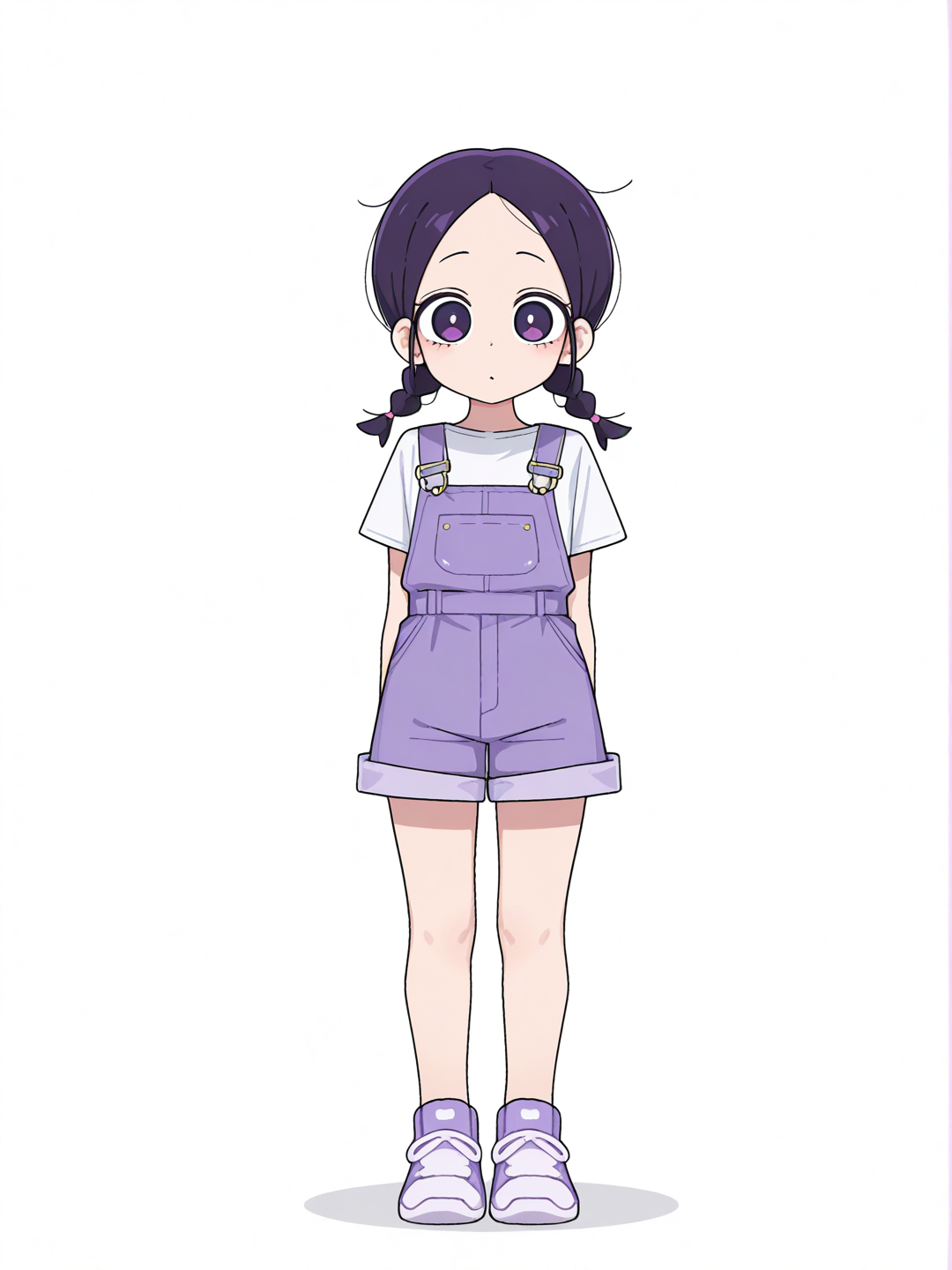 [toon-shaded-style] 1girl, mineta's little sister, bubble_braid, purple_overalls, child, cute, solo, full body, looking at viewer, anime style, simple background, white background