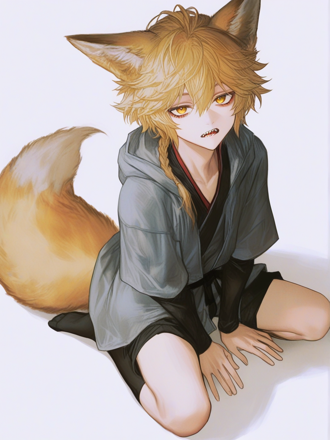 [semi-realistic-portrait-style] 1boy, towa, sharp_teeth, fox_ears, fox_tail, yellow_fox_ears, expressionless, sitting_on_lap, royal_scene, single character, full body, looking at viewer, anime style, simple background, white background