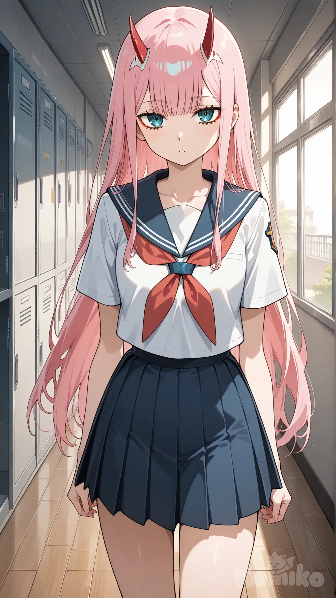 Аниме тян стоит в каридоре в школе 002 zero two