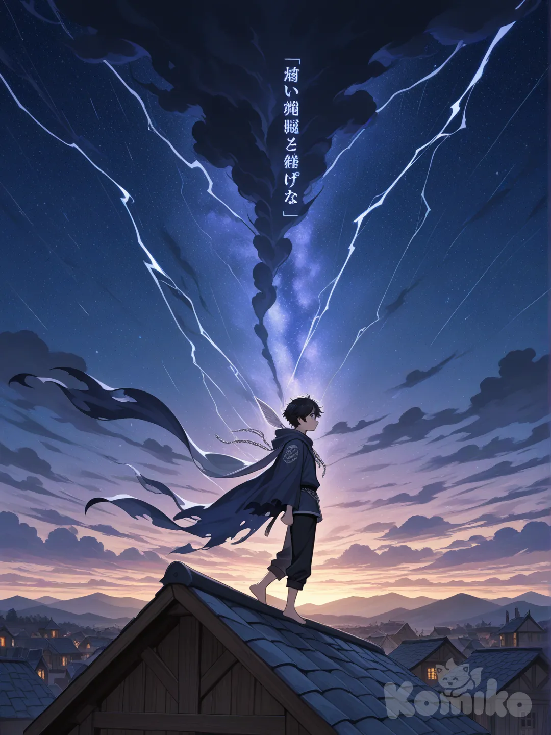 Título del capítulo: El chico que se tragó el viento
Lugar: Acantilado de Aireluz, 6:03 a.m.
Personaje en foco: Jean Aeris, 16 años, pelo negro revuelto como tormenta recién nacida, ojos tan oscuros que parecen agujeros al Vacío mismo. (Descripción visual: la viñeta ocupa dos páginas completas. Arriba, el cielo se parte en dos mitades: la izquierda es un amanecer dorado; la derecha, una noche violeta llena de estrellas muertas. Entre ambas mitades, una grieta vertical de 3 km de alto palpita como una herida abierta. De la grieta cuelga el pueblo de Aireluz: 400 casas de madera y cristal suspendidas por cadenas de plata encantada que flotan sin tocar la roca. Las cadenas terminan en anclas de viento sólido que giran lentas, cantando una nana metálica. Abajo, un océano de nubes hierve; cada 7 segundos un relámpago negro cruza el fondo y revela siluetas de bestias con cola que nadan entre cumulonimbos. En primer plano, Jean camina por el borde del tejado más alto del pueblo, descalzo, con una sola pluma blanca pegada al pelo. Detrás de él, la bandera de los Cazadores ondea rota: solo queda la mitad plateada con el ojo bordado.)

De hambre.
Hambre de ser visto.
Se abre paso entre la multitud.
Los demás aspirantes lo miran.
Hay chicos fuego que huelen a carbón.
Chicas agua que dejan charcos al caminar.
Un par de tierra que hacen crujir el suelo.
Una sola oscuridad, una niña de ojos violetas que parece tragarse la luz.
Jean es el único aire puro en la fila.