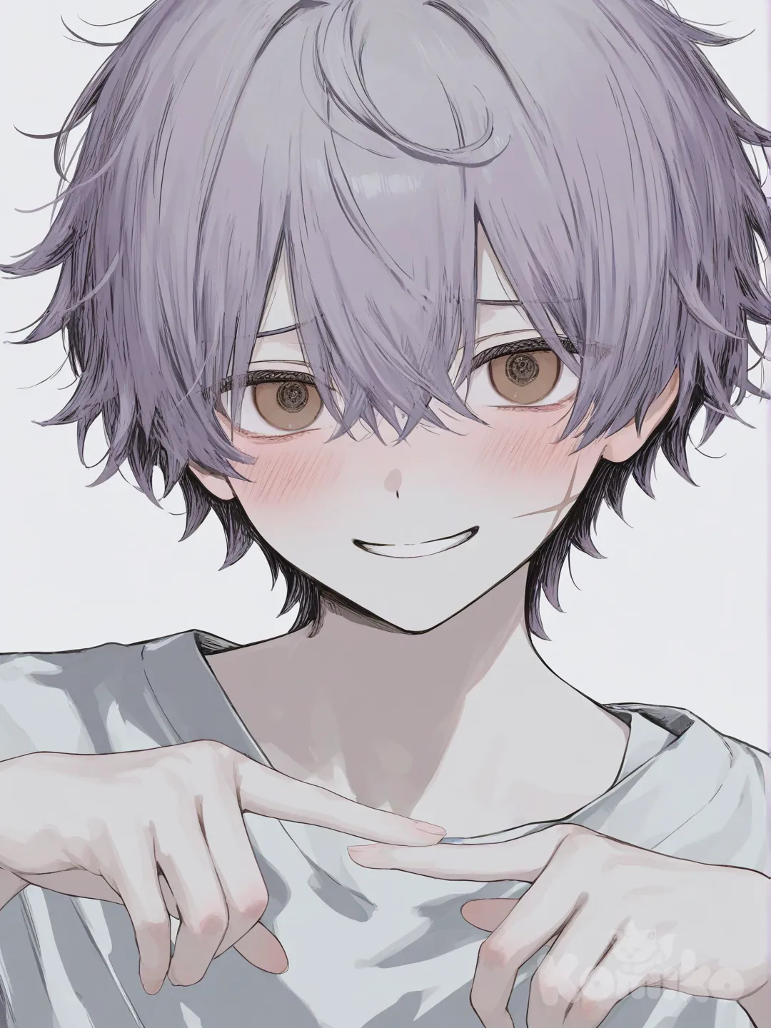 [soft-pastel-style] 1boy, Cabello morado guinda, desordenado, suave y con mechones rebeldes Ojos café chocolate grandes y expresivos Cicatriz delgada en la mejilla derecha Complexión delgada, postura tímida Manos pequeñas pero hábiles Sonrisa dulce pero nerviosa