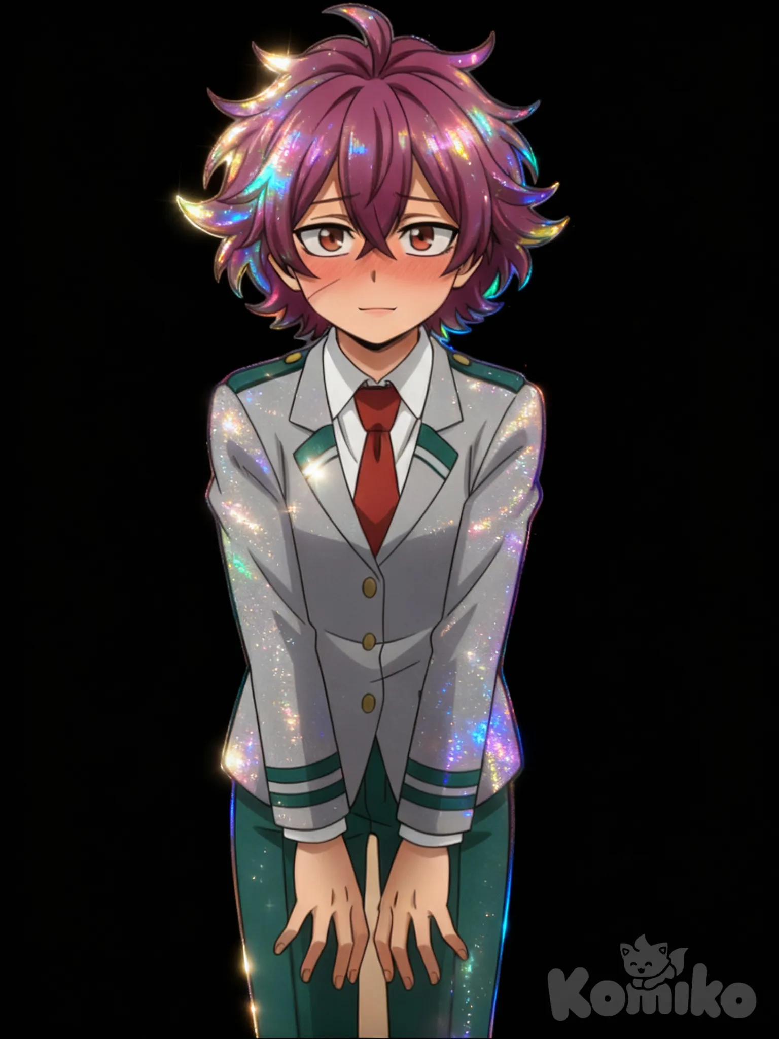 1boy,suave, Ojos café, Complexión delgada, postura tímida, [iridescent-style]