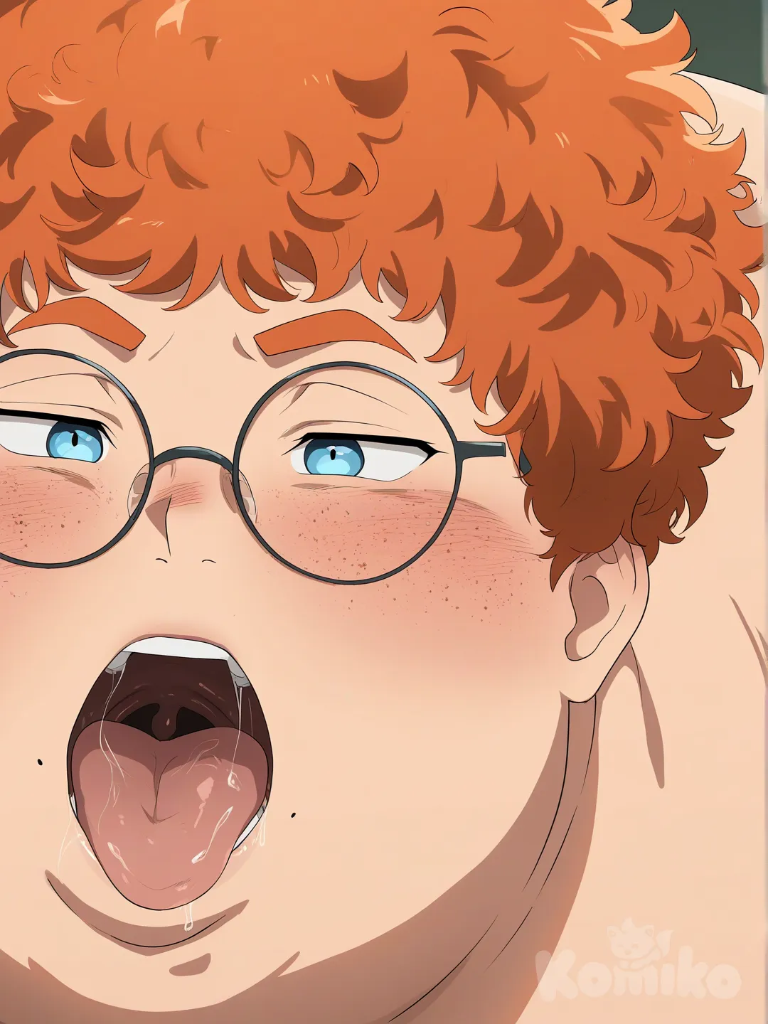 [bright-anime-style], blush, headshot. A man with short fluffy and curly ginger hair, blue eyes, and lots of freckles. He’s very fat. He has round glasses on. He's swallowing a woman whole. There is a woman in his mouth.