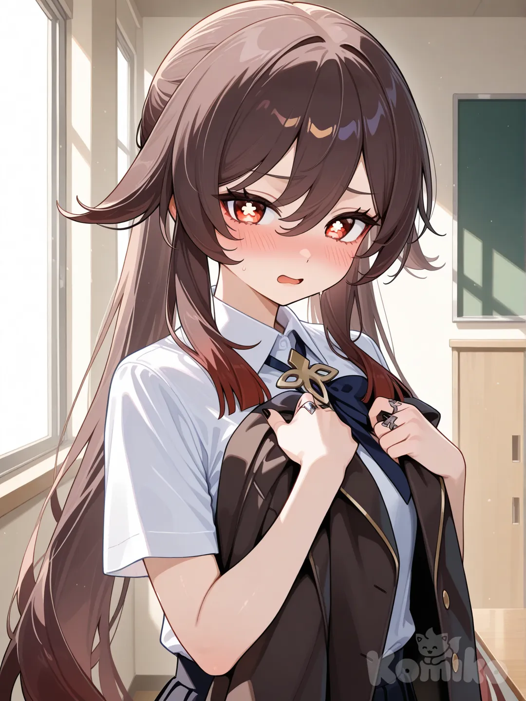 "anime style, Hu Tao (Genshin Impact), young woman, long brown hair, red eyes with flower-shaped pupils, wearing a white short-sleeved collared shirt and black jacket/blazer (school uniform style), blushing face, embarrassed expression, hands holding the jacket shoulders, indoor background, soft lighting, high resolution, 8k, ".