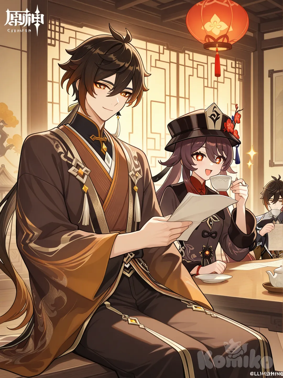 "Hu Tao and Zhongli from Genshin Impact, sitting in the Wangsheng Funeral Parlor, Hu Tao enthusiastically showing a new promotional flyer while Zhongli calmly sips tea, intricate Liyue interior design, warm lantern lighting, high detail, anime key visual style, ."