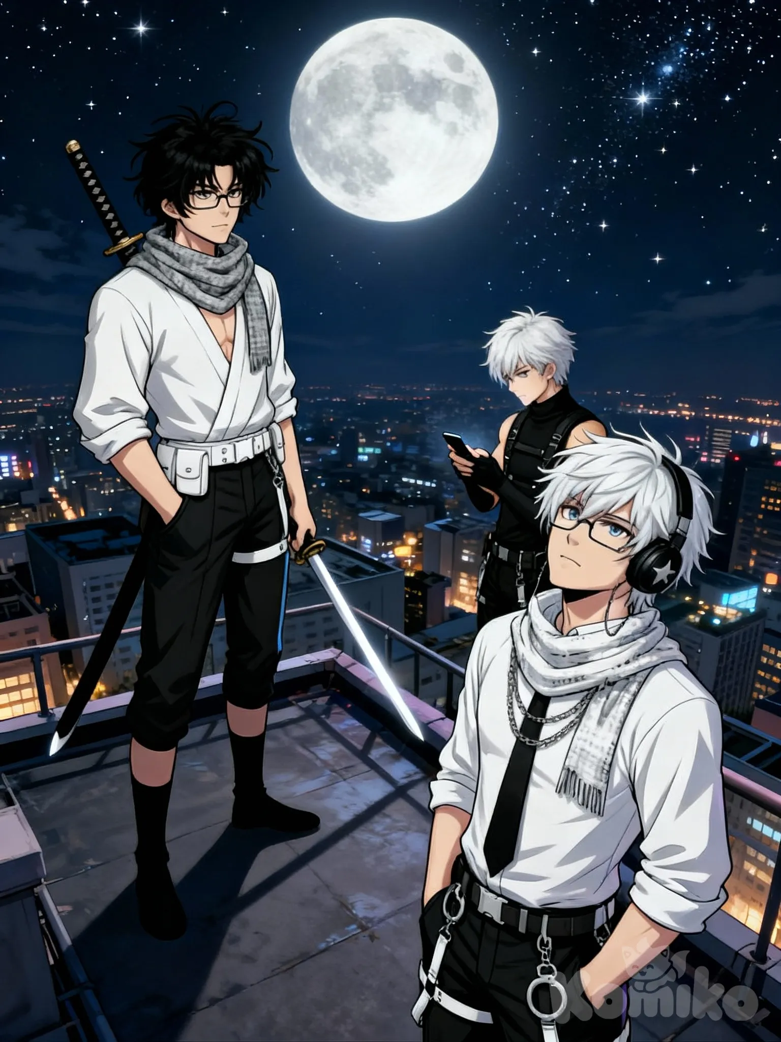 @kael-voss-TeZq, @hyru-ZLp9, @kun-0VY8, holding sword, hands in pockets, looking at phone, bird's-eye view, looking at viewer, rooftop, night, full moon