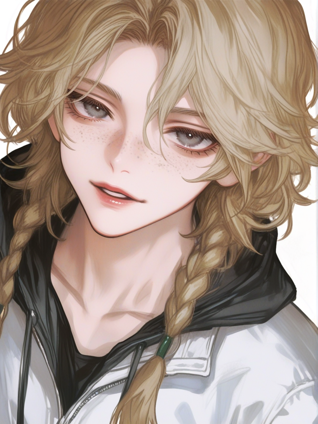 [semi-realistic-portrait-style] teenager, muscular, blonde_hair, grey_eyes, freckles, single character, full body, looking at viewer, anime style, simple background, white background