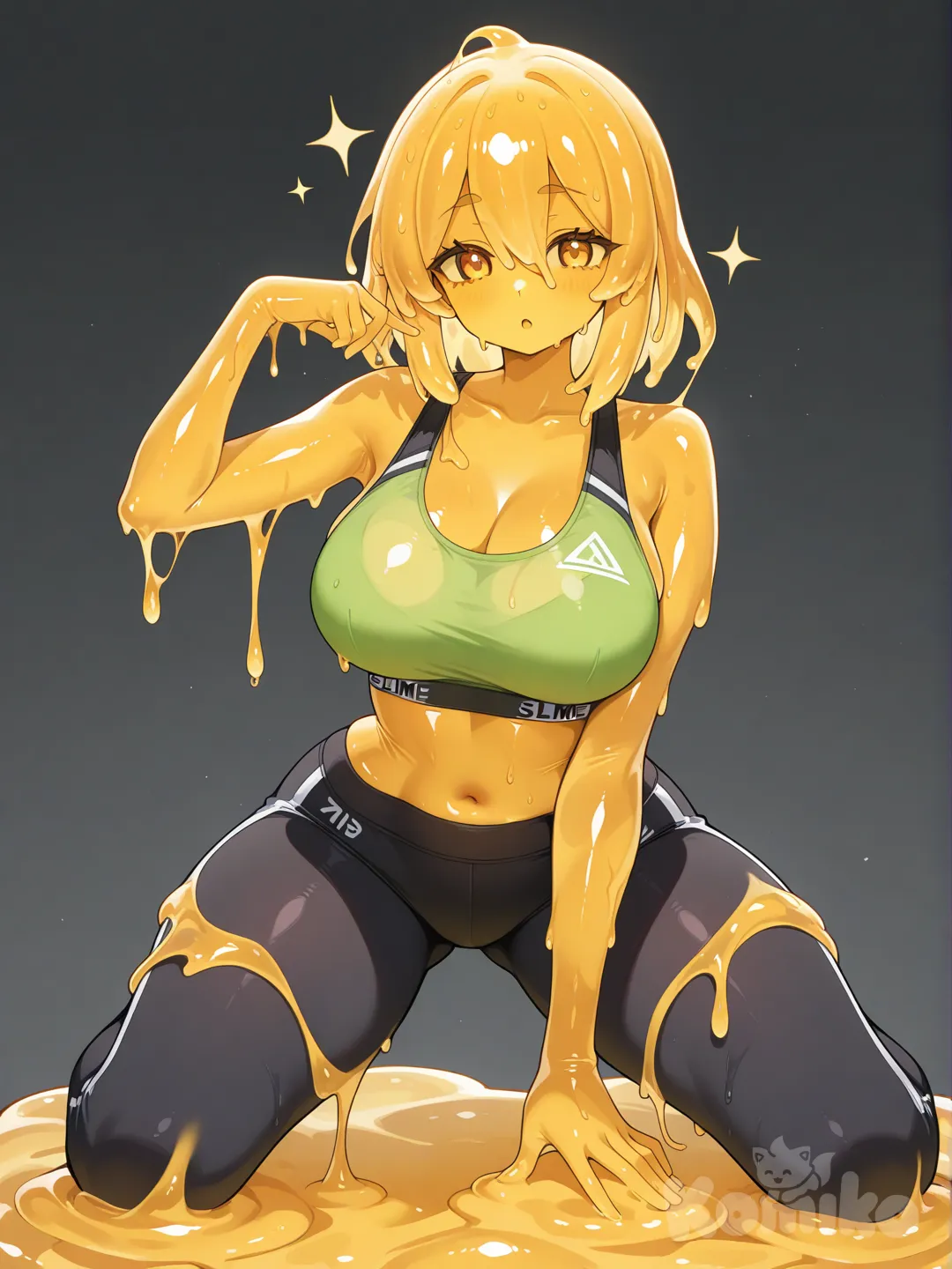 slime girl, sports bra, leggings, large breasts, wide hips