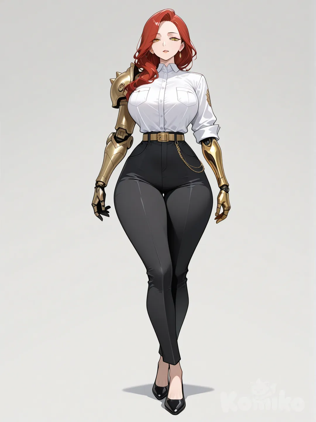 1girl, white hair, long hair, hairstyle swept back with a red streak, golden eyes, white button-down shirt with torso pockets, large breasts, narrow waist, wide hips, black pants, belt with gold buckle, golden arm prosthesis, formal black shoes, milf