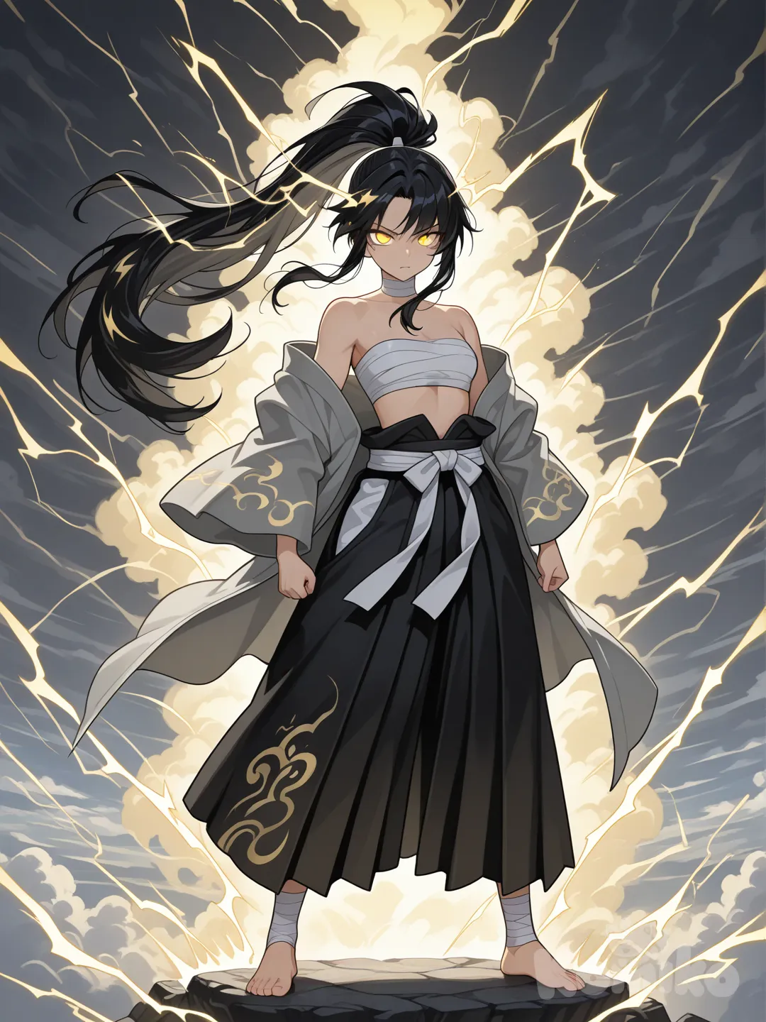 A divine anime-style female warrior with an oriental aesthetic, standing calmly amid charged air. She wears white sarashi-style cloth bandages tightly wrapped around her torso and neck, leaving her shoulders exposed, symbolizing discipline and ritual combat. Over her shoulders rests a light gray haori, loose and flowing, moving naturally with the wind. Her lower attire consists of dark, wide hakama-like pants secured with a black-and-white cloth sash at the waist, designed for agility and battle.

Her feet are bare, wrapped in white bandages around the ankles and instep, emphasizing an ascetic, martial presence. She has long dark hair tied in a high ponytail, flowing freely, with subtle golden lightning arcs weaving through the strands as if her power manifests naturally. Her eyes glow a sharp metallic gold, focused and calm, conveying divine authority rather than rage.

The atmosphere is storm-charged yet serene, with faint lightning motifs in the air, soft clouds beneath her feet, and a celestial, mythic tone. Clean anime illustration style, high detail, dramatic lighting, no armor, no modern elements, no text.