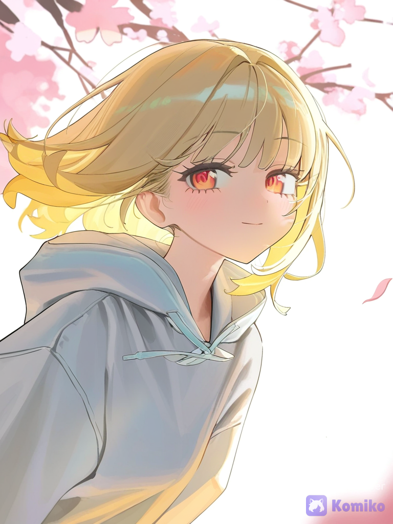 [vibrant-anime-style], 1girl, leaning forward, hoodie, upper body, golden hour, cherry blossom path