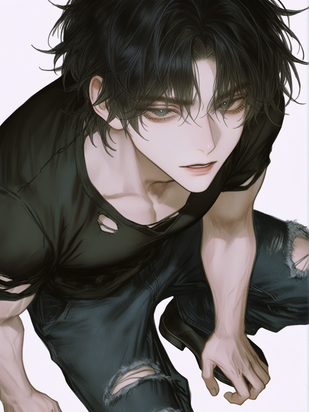 [semi-realistic-portrait-style] 1boy, black_hair, white_bangs, lightly_muscular, torn_shirt, torn_pants, death_glare, single character, full body, looking at viewer, anime style, simple background, white background