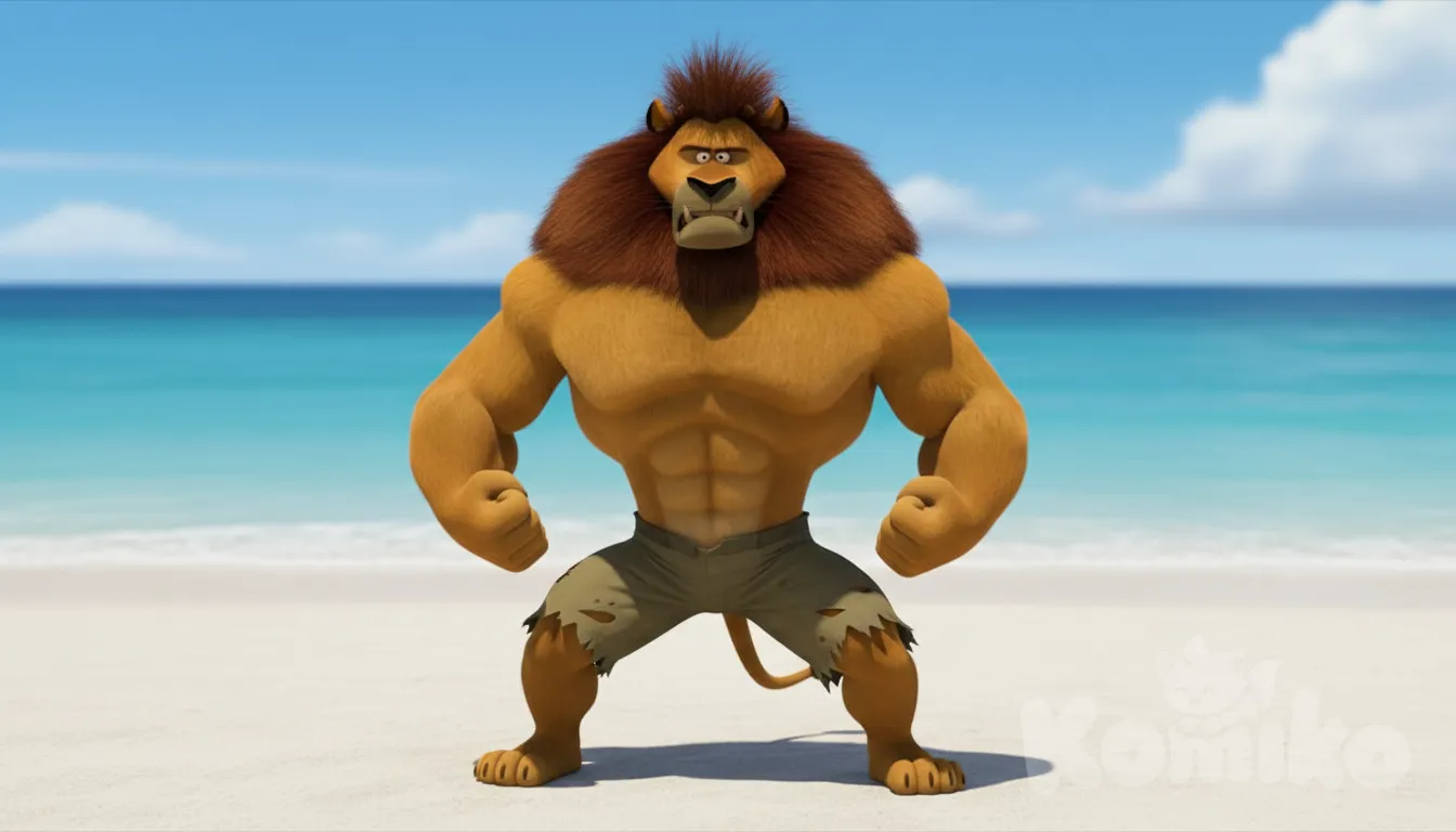 El león animado, con su prominente melena, se vuelve extremadamente musculoso, alardeando sus músculos. La escena se desarrolla en la playa, con una anatomía audaz y exagerados musculos, y una atmósfera tensa, con cámara fija.mostrando todo su cuerpo, está semidesnudo, anime style