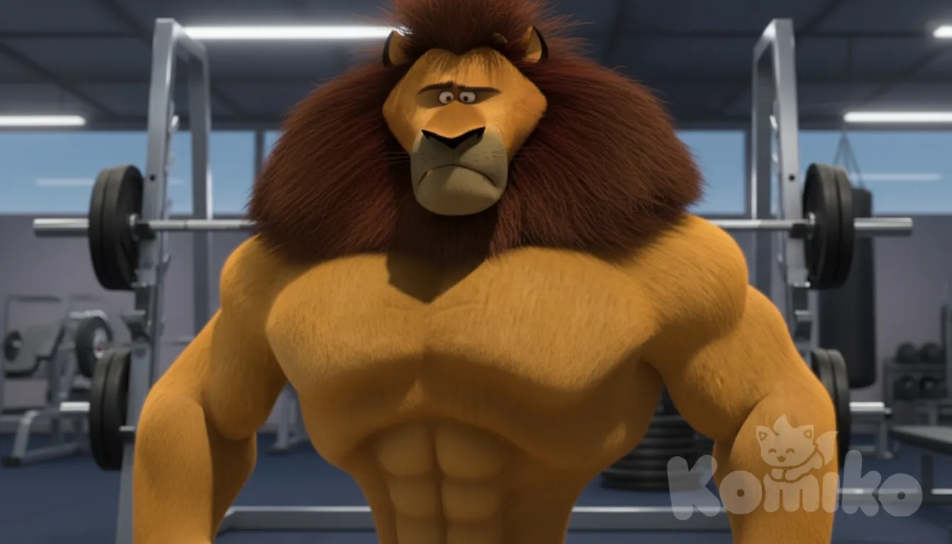El león animado, con su prominente melena, se vuelve extremadamente musculoso, alardeando sus músculos. La escena se desarrolla en un gimnasio, con una anatomía audaz y exagerados musculos, y una atmósfera tensa, con cámara fija.mostrando todo su cuerpo sudado,está desnudo, anime style