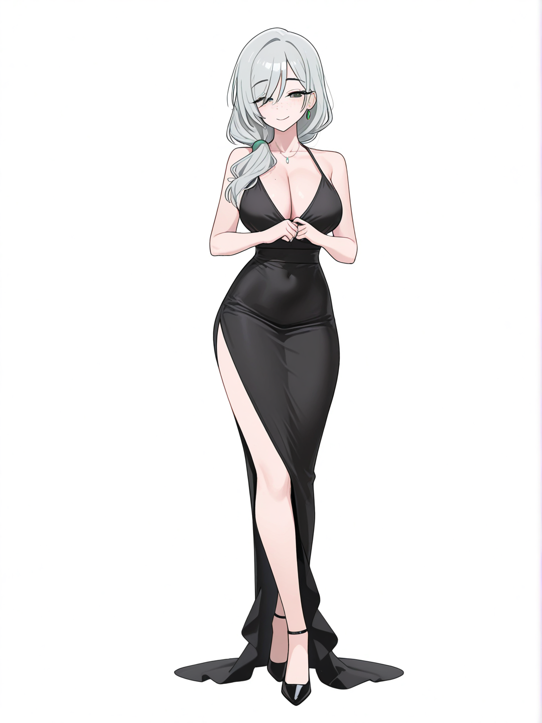[toon-shaded-style] 1girl, mature female, long_hair, silver_hair, green_eyes, black_dress, smile, slim, athletic, freckles, standing, elegant, single character, full body, looking at viewer, anime style, simple background, white background