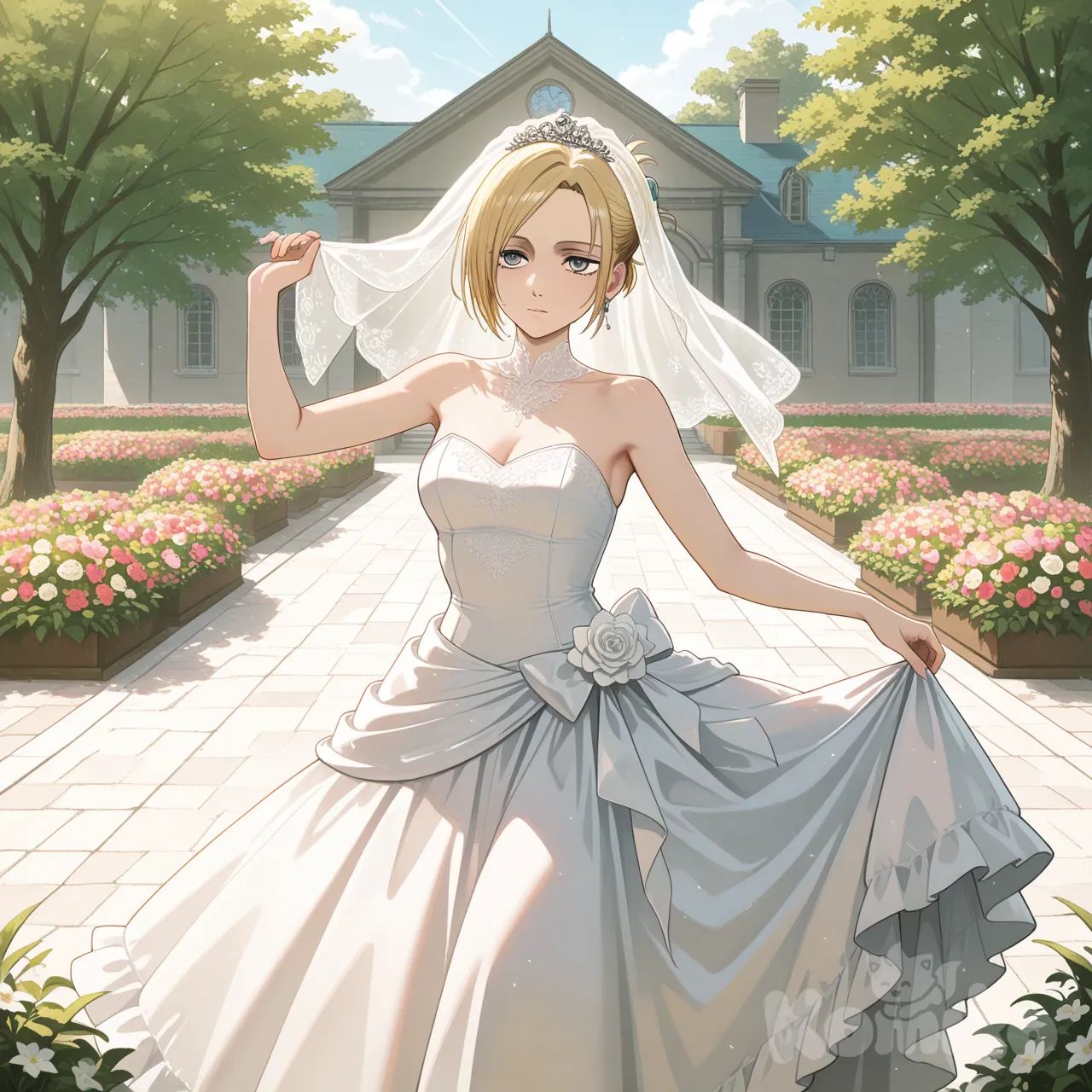 Энни из Attack on Titan в свадебном платье, dancing, garden